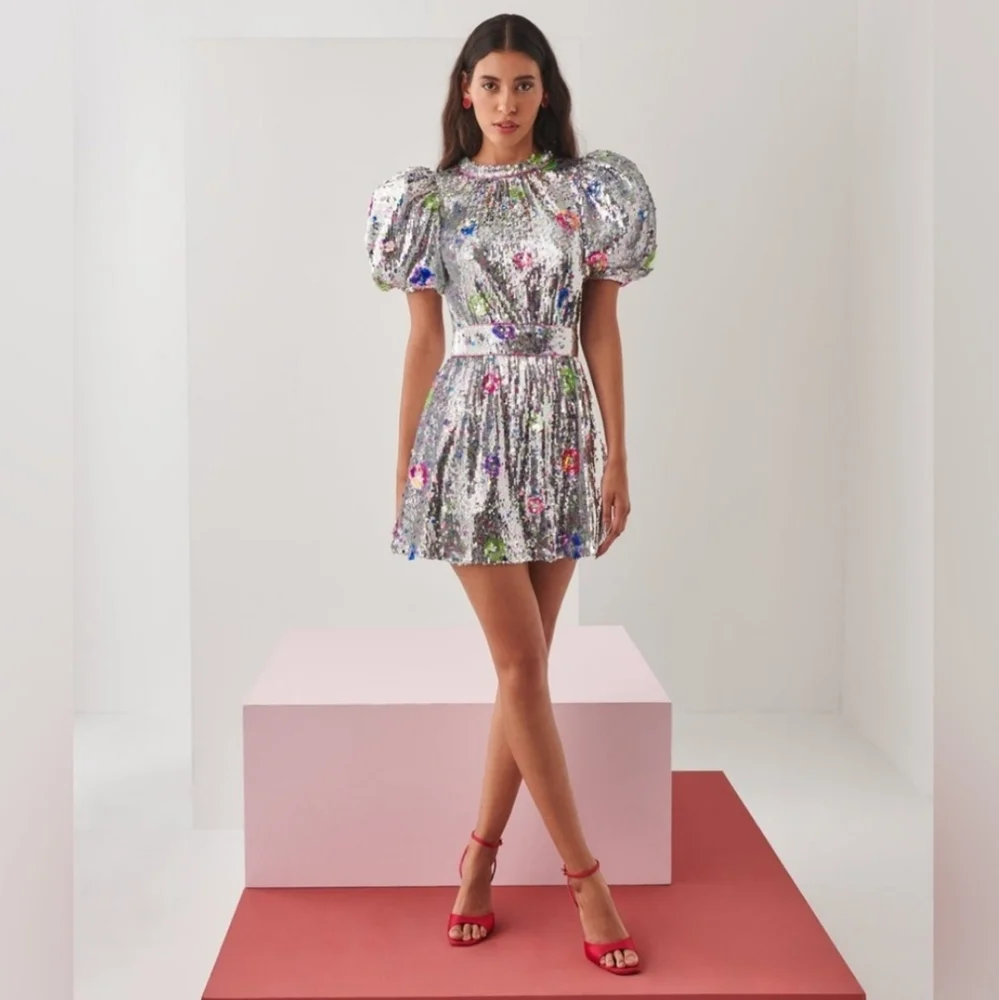 CeliaB Silver Sequin Mini Dress with Floral Accents - Picture 3 of 15